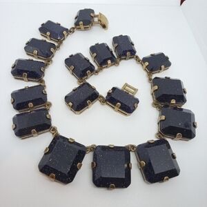 * vintage Blue Goldstone Glass Huge cabochons brass tone settings necklace 18"